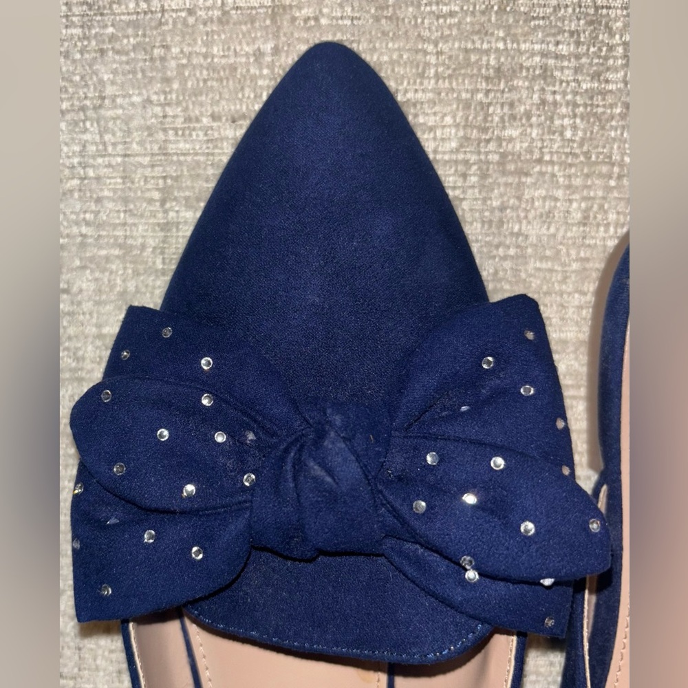 Crown & Ivy 7.5 Blue Bow Pointed Toe Mule Flats Studded Teacher Office Work Shoe - Picture 4 of 6
